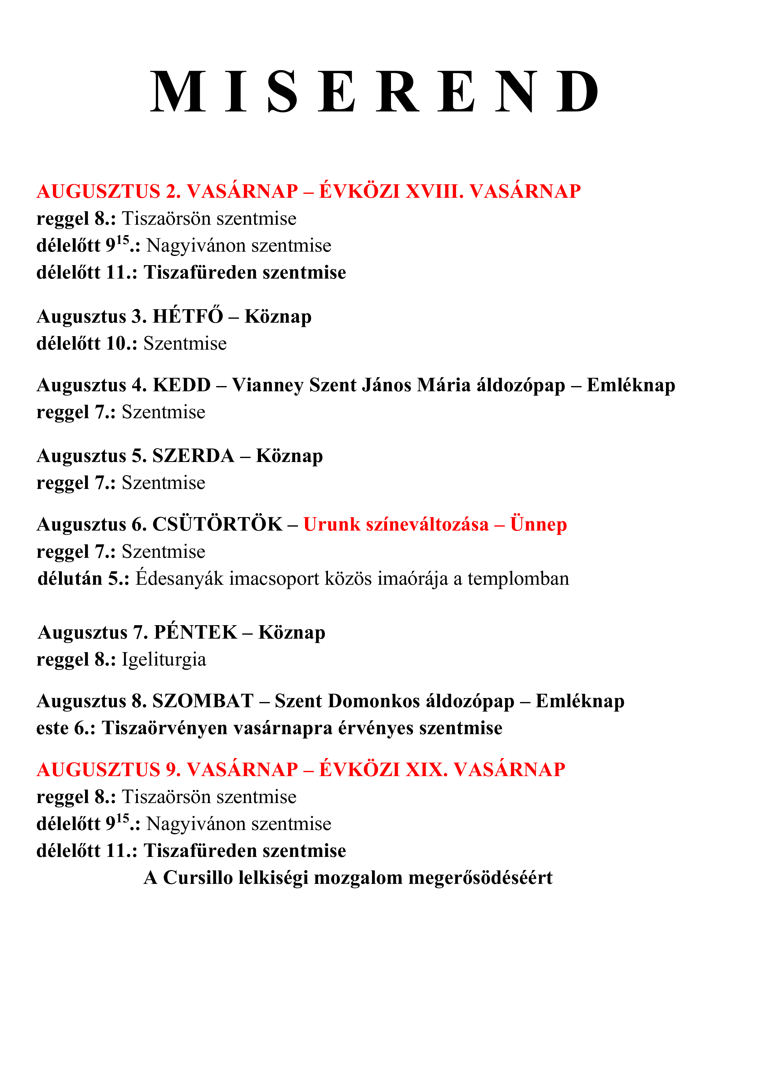 Aktuális miserend